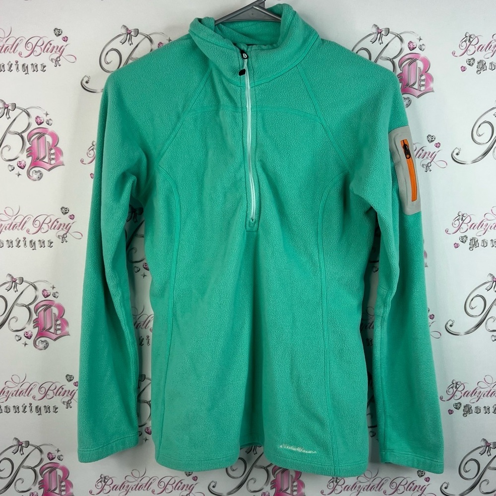 Eddie Bauer sweater blue green Teal Half-Zip Pullover fleece soft furry